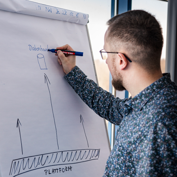 Tom schreibt auf Whiteboard