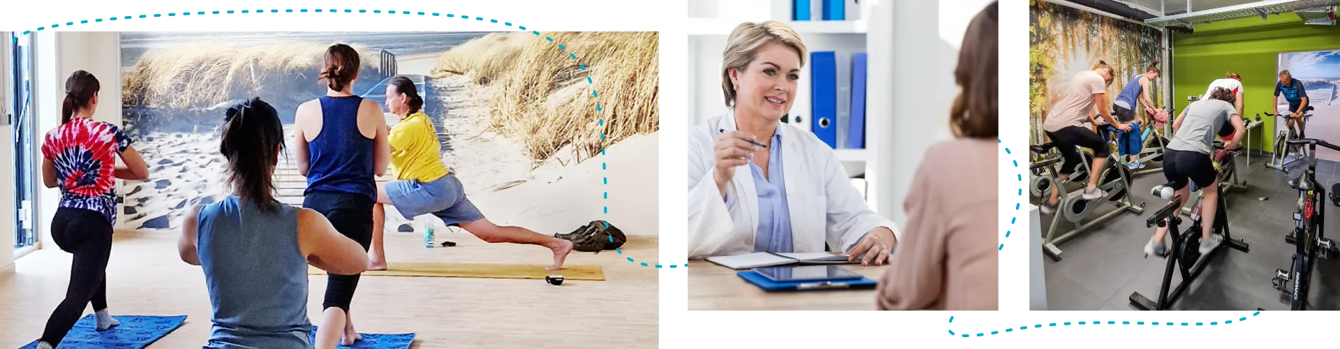 Yogastunde, Ärztin mit Patientin im Gespräch, Menschen auf Indoorbikes