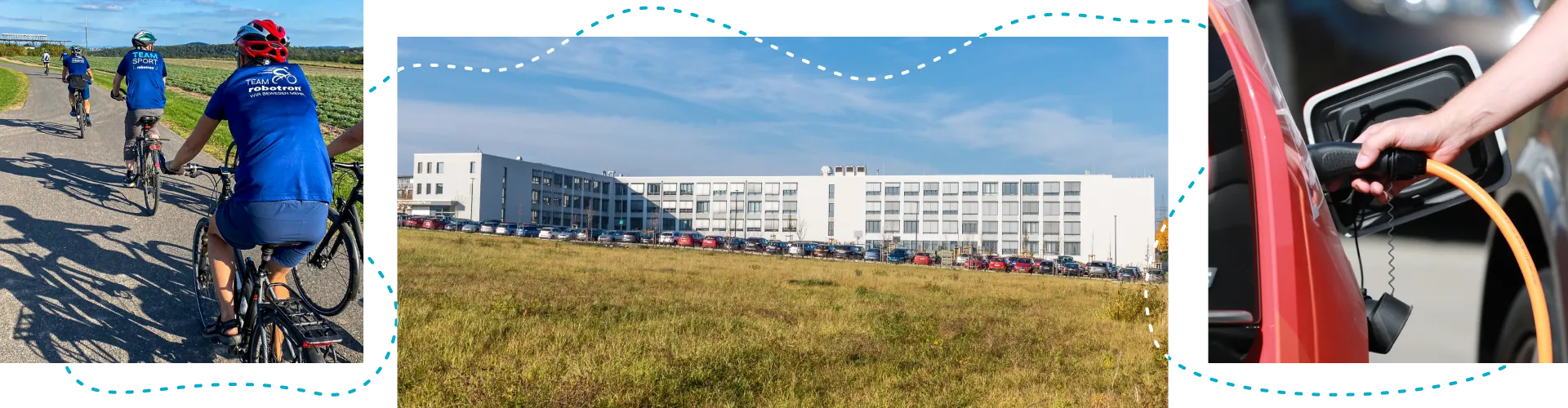 Mitarbeiter auf Fahrrädern, Parkplatz vor Robotrongebäude