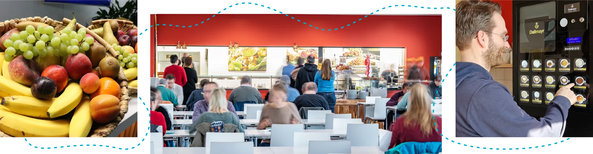 Obstschüssel, Robotroncafeteria, Mitarbeiter vor Kaffeeautomat